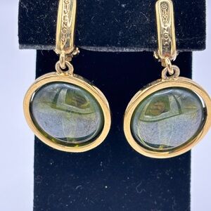 Vintage Givenchy Cabochon Clip On Chunky Green Gold Logo Drop Earrings